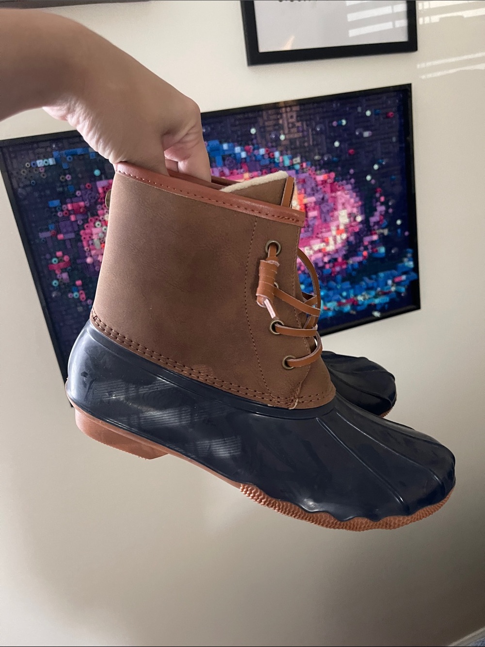 Women’s Brown and Black Lace-Up Duck Rain Boots